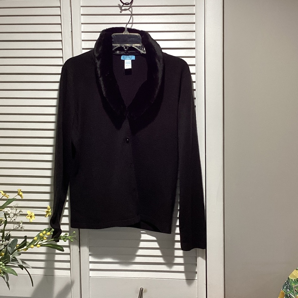 Black Cardigan with Faux Fur Collar
